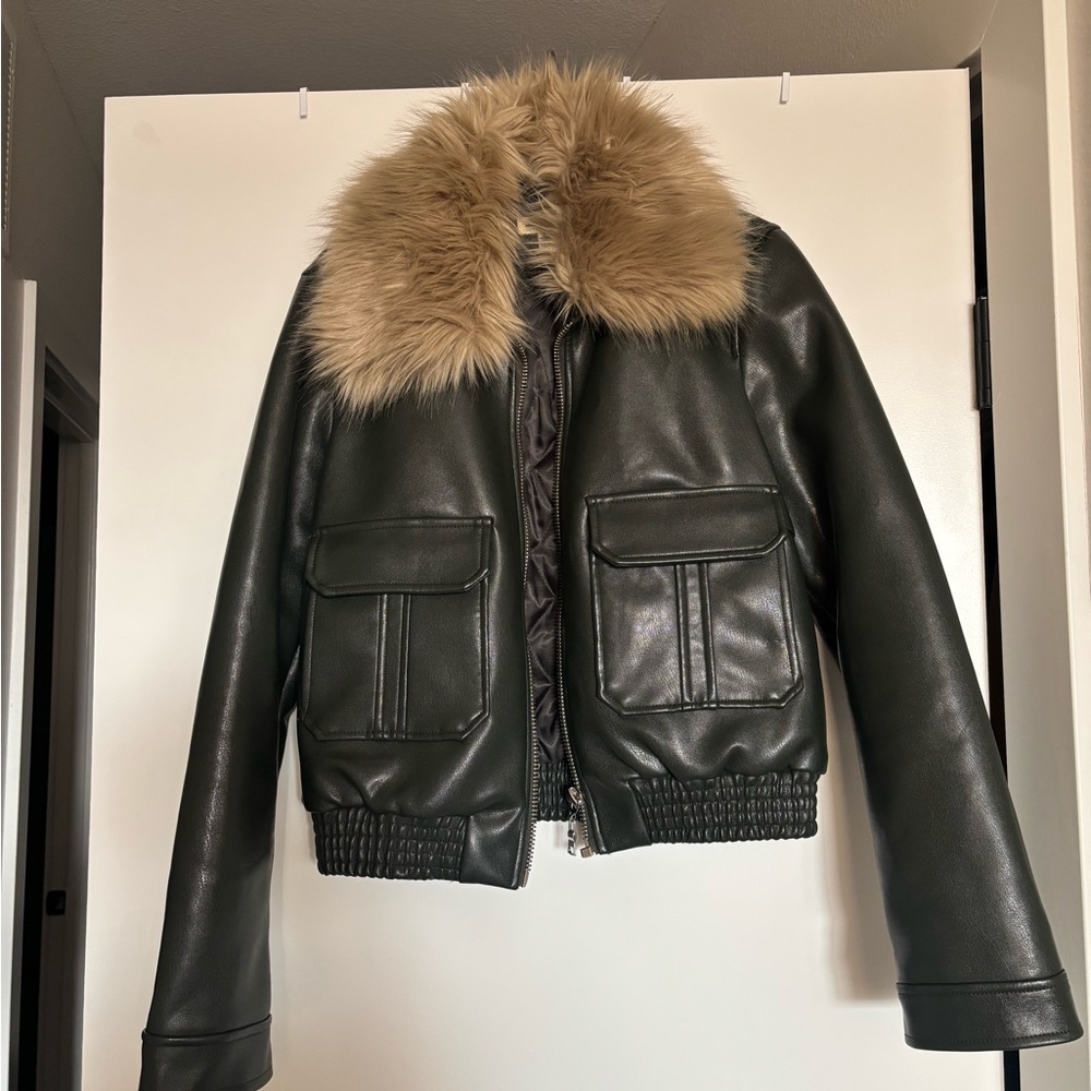 Silence + Noise green Vegan Leather Jacket with removable faux fur collar